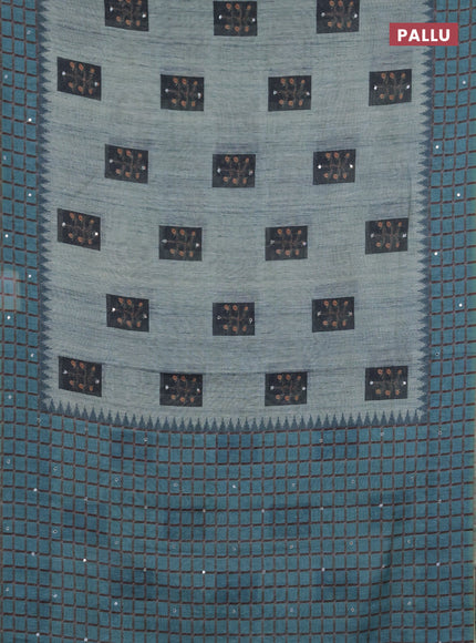 Linen cotton saree teal blue with allover prints & mirror work and mirror work border