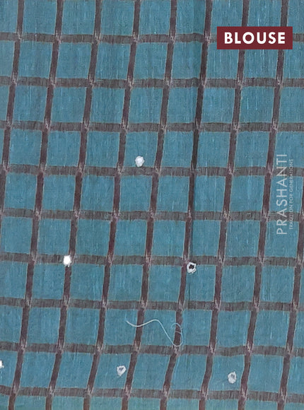 Linen cotton saree teal blue with allover prints & mirror work and mirror work border