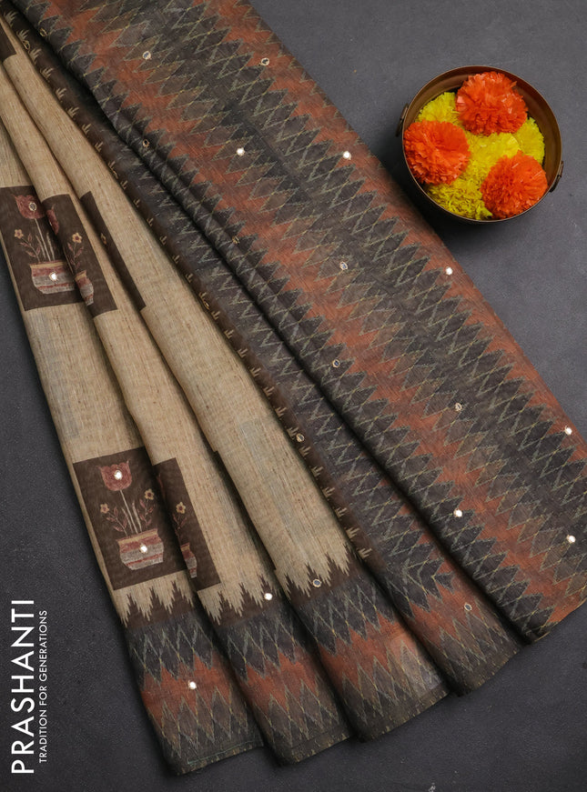 Linen cotton saree beige and grey with allover prints & mirror work and mirror work border