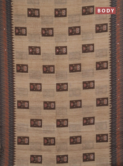 Linen cotton saree beige and grey with allover prints & mirror work and mirror work border