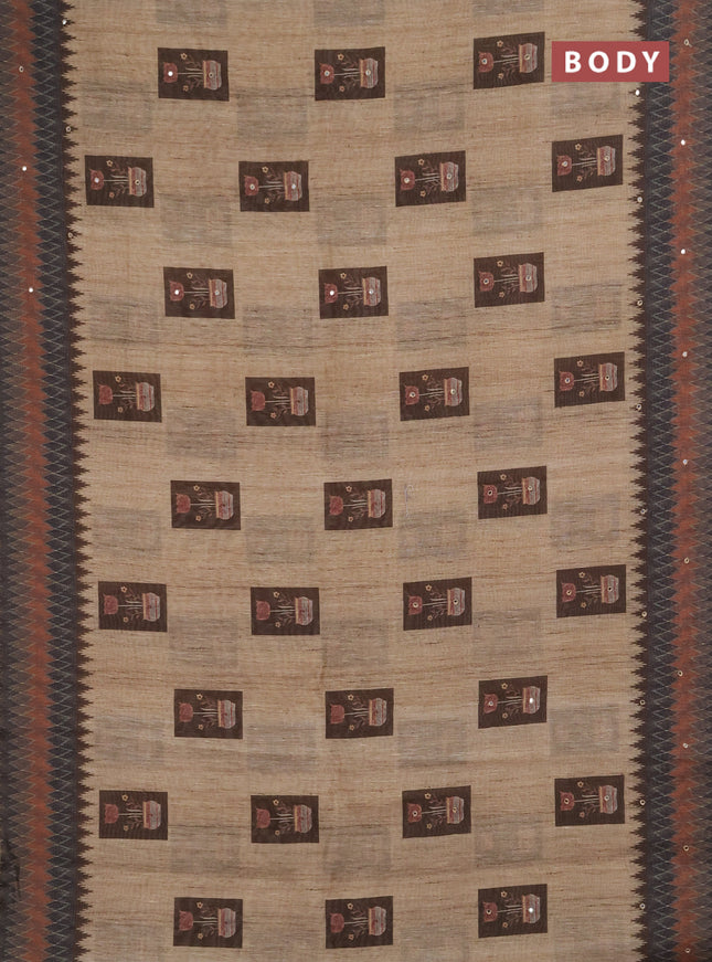 Linen cotton saree beige and grey with allover prints & mirror work and mirror work border