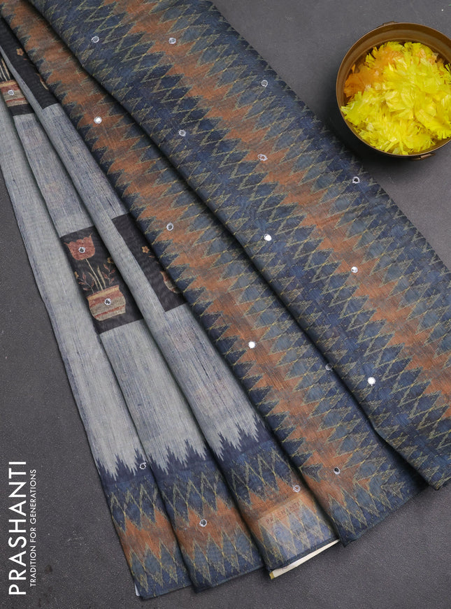 Linen cotton saree grey with allover prints & mirror work and mirror work border