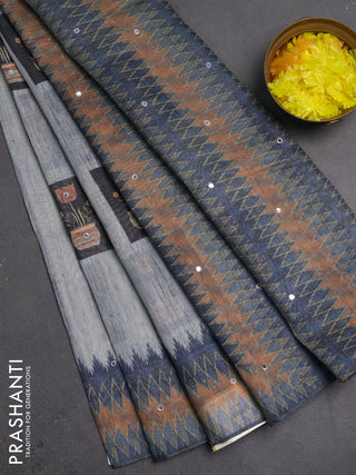 Linen cotton saree grey with allover prints & mirror work and mirror work border