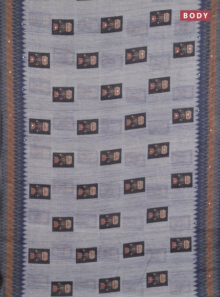 Linen cotton saree grey with allover prints & mirror work and mirror work border