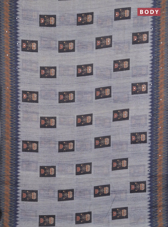 Linen cotton saree grey with allover prints & mirror work and mirror work border