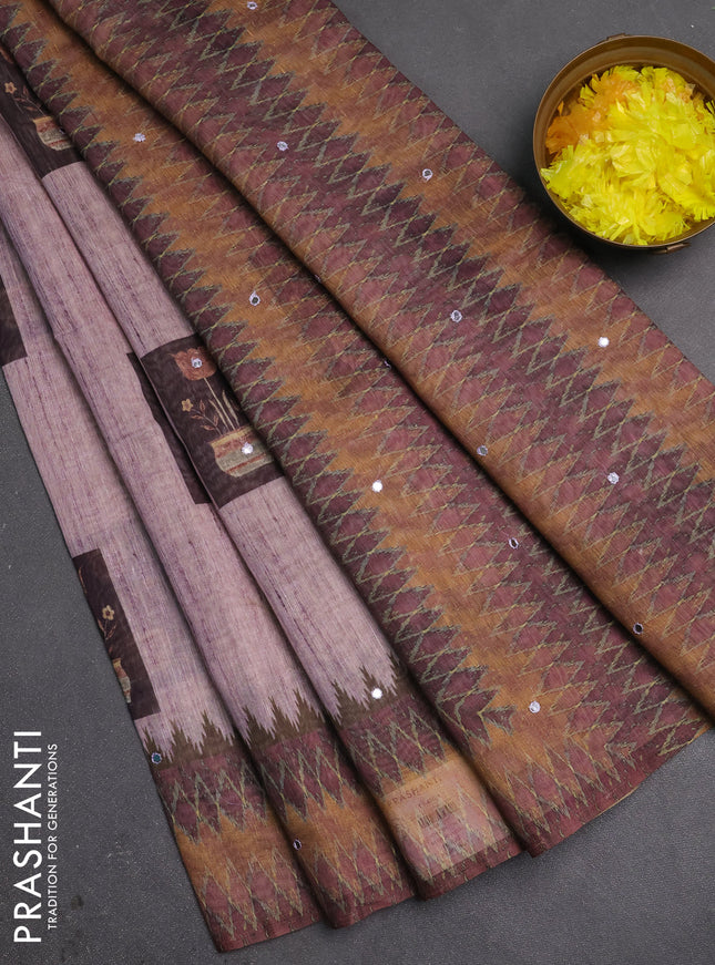 Linen cotton saree pastel pink and jamun shade with allover prints & mirror work and mirror work border