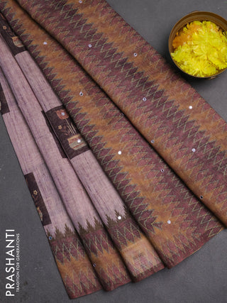 Linen cotton saree pastel pink and jamun shade with allover prints & mirror work and mirror work border