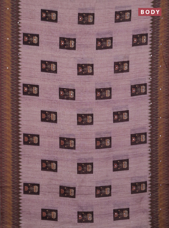 Linen cotton saree pastel pink and jamun shade with allover prints & mirror work and mirror work border