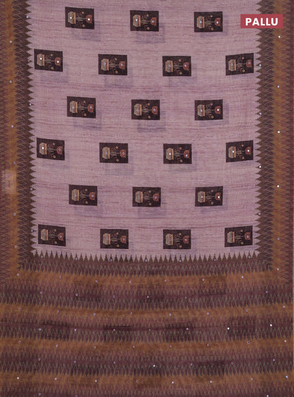 Linen cotton saree pastel pink and jamun shade with allover prints & mirror work and mirror work border