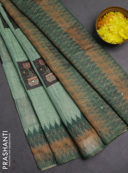 Linen cotton saree green with allover prints & mirror work and mirror work border