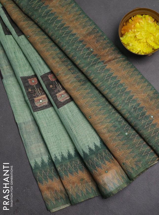 Linen cotton saree green with allover prints & mirror work and mirror work border
