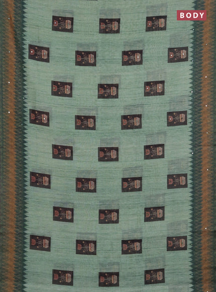 Linen cotton saree green with allover prints & mirror work and mirror work border
