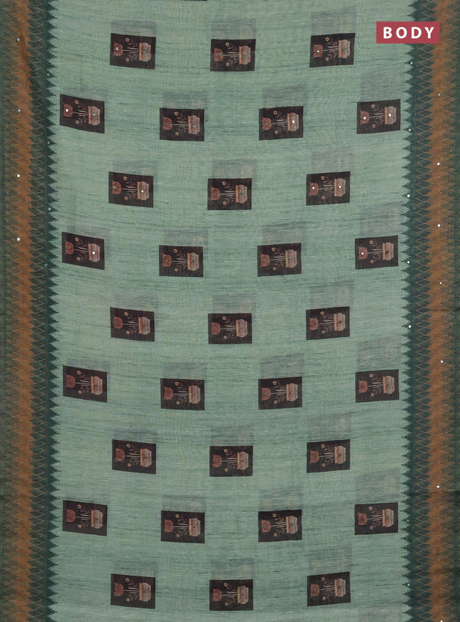 Linen cotton saree green with allover prints & mirror work and mirror work border