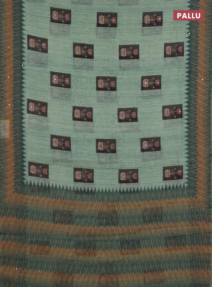 Linen cotton saree green with allover prints & mirror work and mirror work border