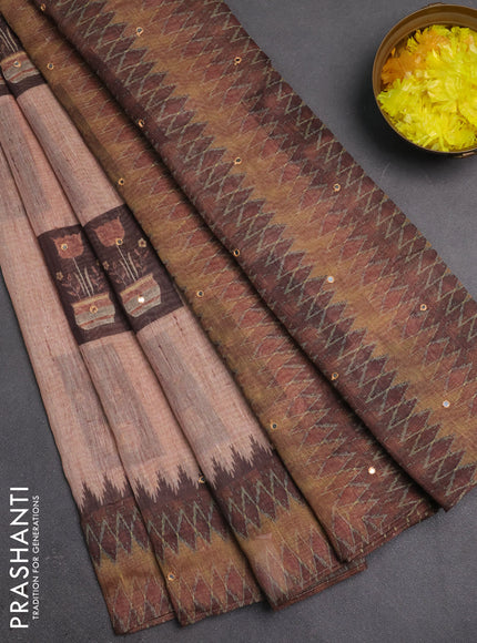 Linen cotton saree sandal and brown with allover prints & mirror work and mirror work border