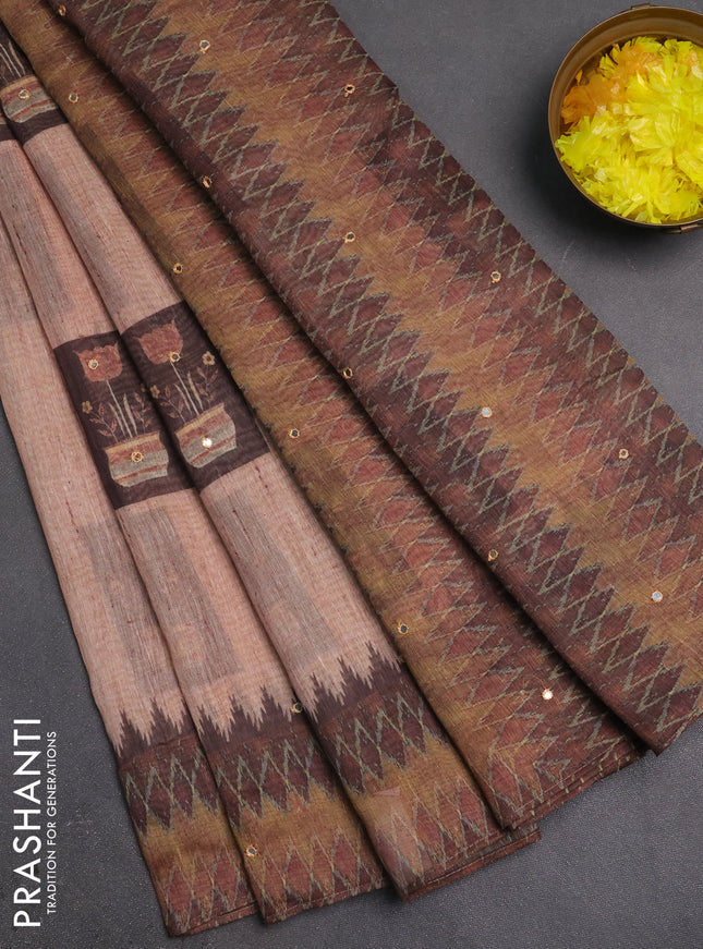 Linen cotton saree sandal and brown with allover prints & mirror work and mirror work border