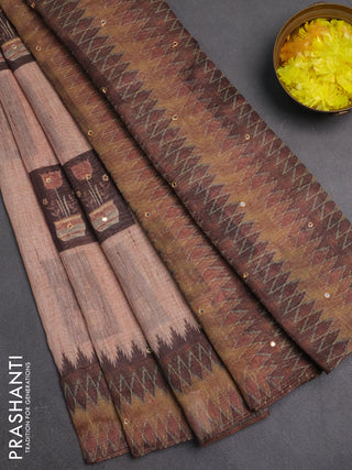 Linen cotton saree sandal and brown with allover prints & mirror work and mirror work border