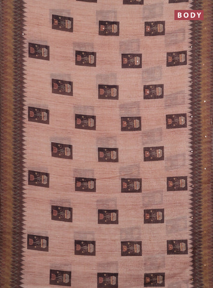 Linen cotton saree sandal and brown with allover prints & mirror work and mirror work border