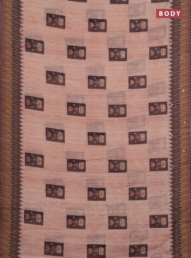 Linen cotton saree sandal and brown with allover prints & mirror work and mirror work border