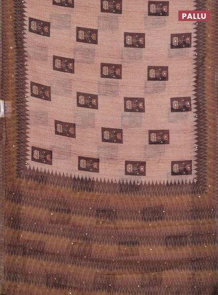 Linen cotton saree sandal and brown with allover prints & mirror work and mirror work border