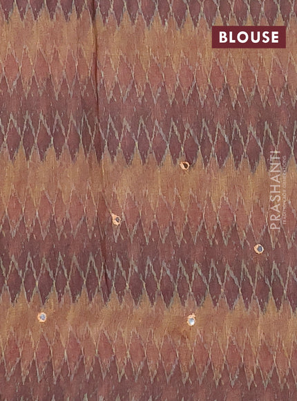 Linen cotton saree sandal and brown with allover prints & mirror work and mirror work border