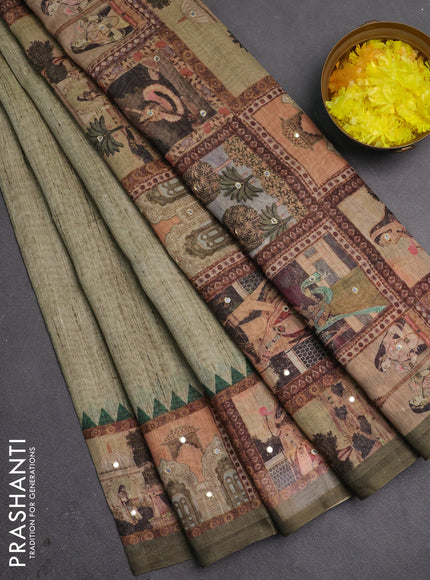 Linen cotton saree pastel green and olive green with plain body and printed mirror work border