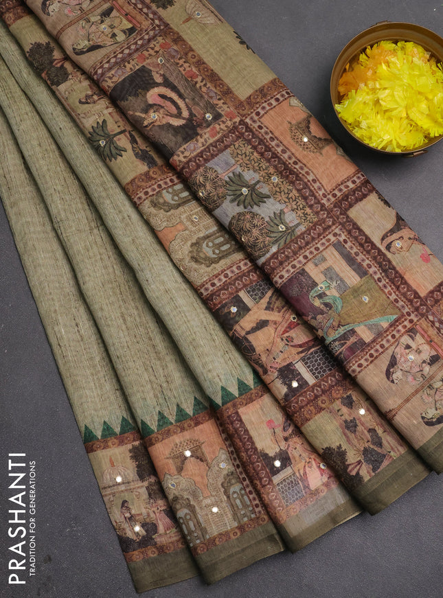 Linen cotton saree pastel green and olive green with plain body and printed mirror work border