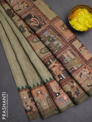Linen cotton saree pastel green and olive green with plain body and printed mirror work border