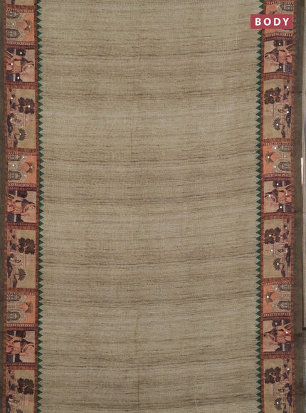 Linen cotton saree pastel green and olive green with plain body and printed mirror work border