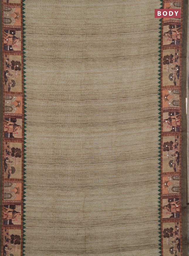 Linen cotton saree pastel green and olive green with plain body and printed mirror work border