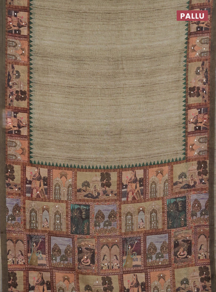 Linen cotton saree pastel green and olive green with plain body and printed mirror work border