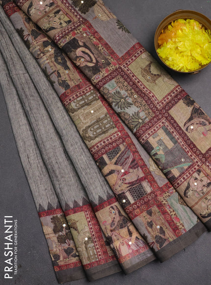 Linen cotton saree grey with plain body and printed mirror work border