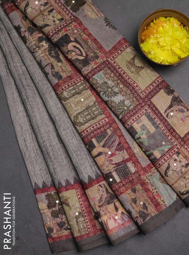 Linen cotton saree grey with plain body and printed mirror work border
