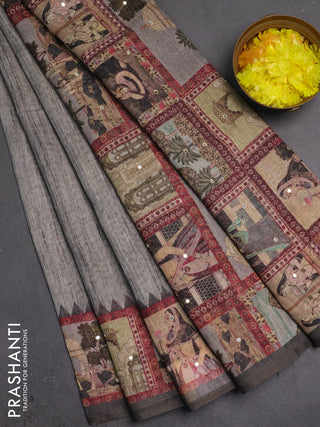 Linen cotton saree grey with plain body and printed mirror work border