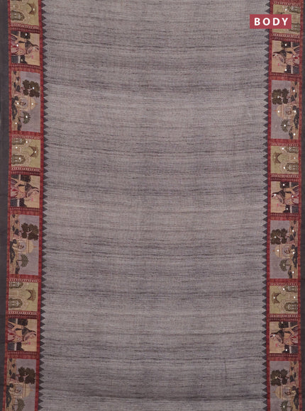 Linen cotton saree grey with plain body and printed mirror work border