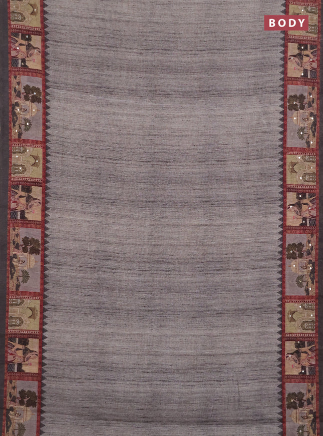 Linen cotton saree grey with plain body and printed mirror work border