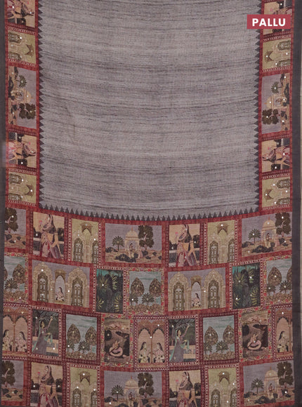 Linen cotton saree grey with plain body and printed mirror work border