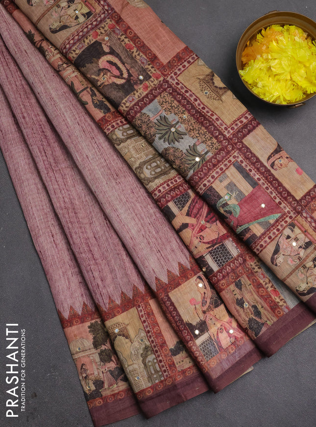 Linen cotton saree pastel maroon and wine shade with plain body and printed mirror work border
