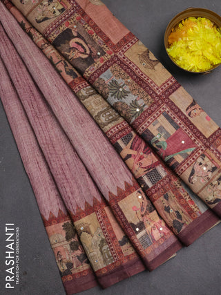 Linen cotton saree pastel maroon and wine shade with plain body and printed mirror work border