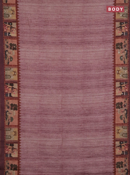 Linen cotton saree pastel maroon and wine shade with plain body and printed mirror work border