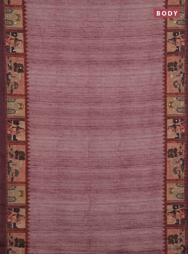Linen cotton saree pastel maroon and wine shade with plain body and printed mirror work border