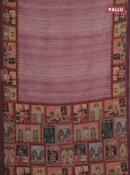 Linen cotton saree pastel maroon and wine shade with plain body and printed mirror work border