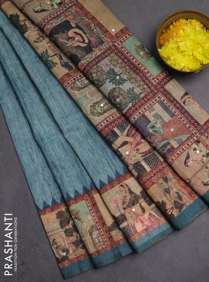 Linen cotton saree teal green with plain body and printed mirror work border