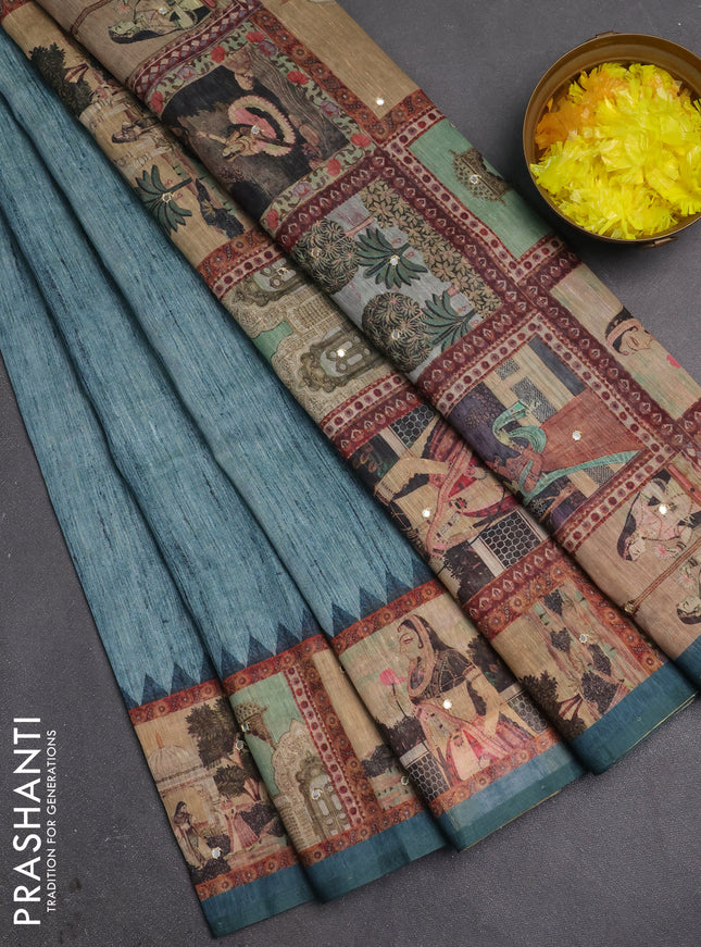 Linen cotton saree teal green with plain body and printed mirror work border