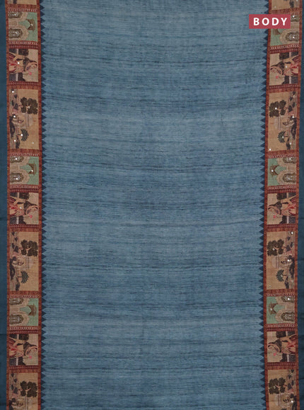 Linen cotton saree teal green with plain body and printed mirror work border