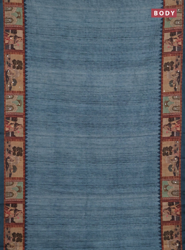 Linen cotton saree teal green with plain body and printed mirror work border