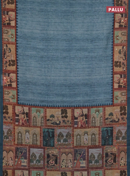 Linen cotton saree teal green with plain body and printed mirror work border