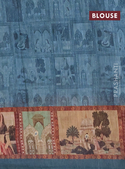 Linen cotton saree teal green with plain body and printed mirror work border