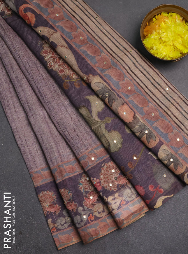 Linen cotton saree jamun shade with plain body and printed mirror work border