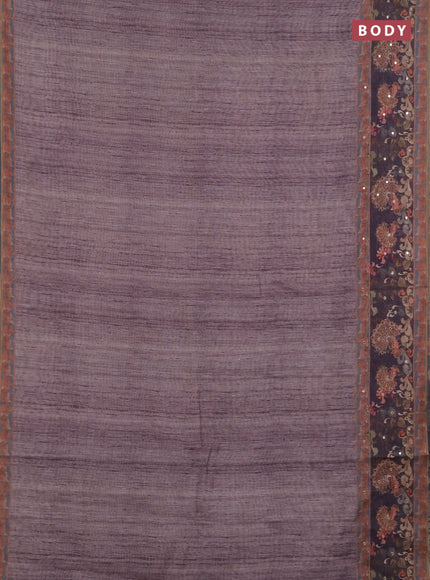 Linen cotton saree jamun shade with plain body and printed mirror work border